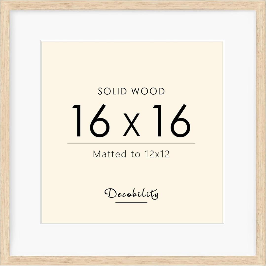 16x16 Picture Frame Made with Solid Wood, Display 12x12 with Mat or 16x16 Picture without Mat, Photo frame with Plexiglass, 12 by 12 Natural Wood Picture frame for Tabletop or Wall Mounting, Oak