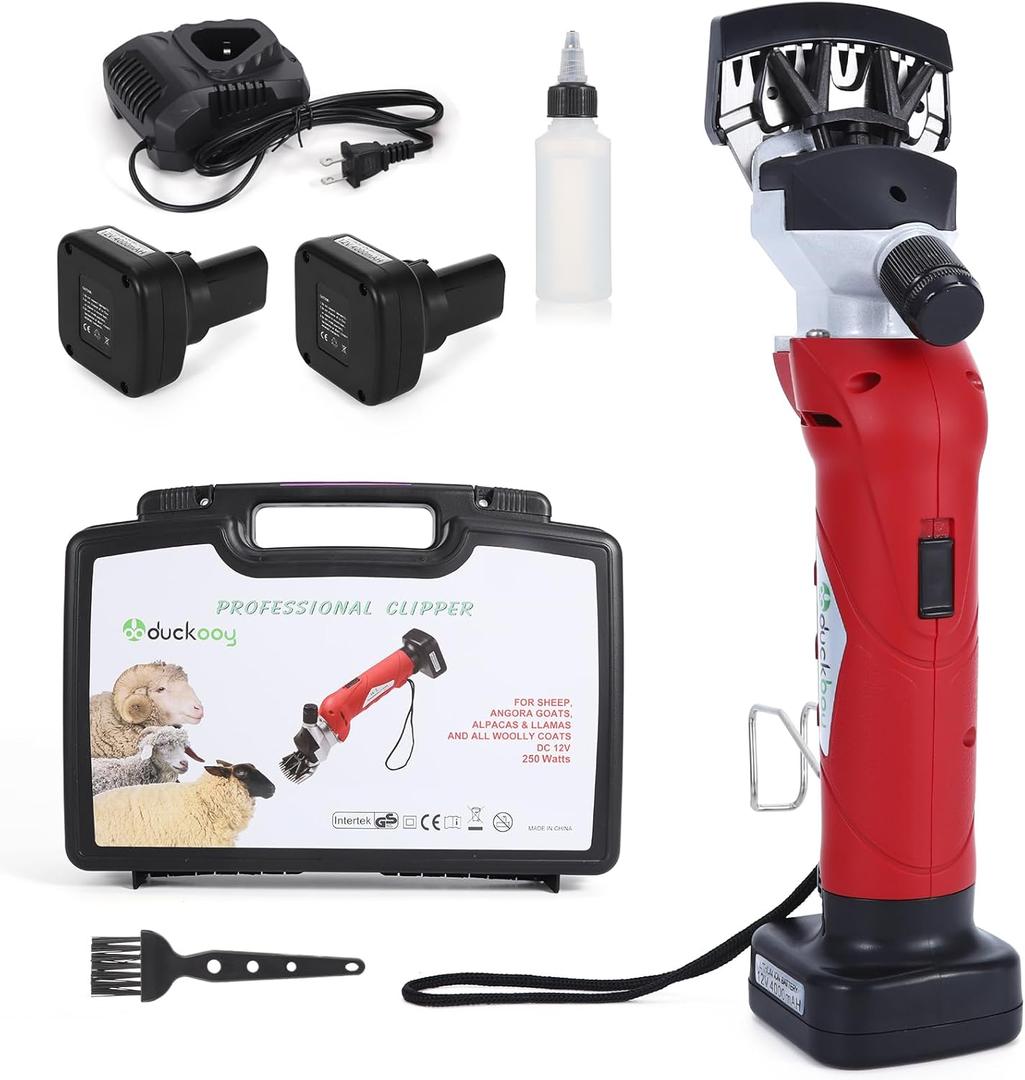 DUCKBOY Professional Cordless Sheep Shears - 250W 18V Electric Rechargeable, Heavy-Duty Livestock Haircut Groomer for Sheep, Horses, Alpacas & Large Dogs (Red)