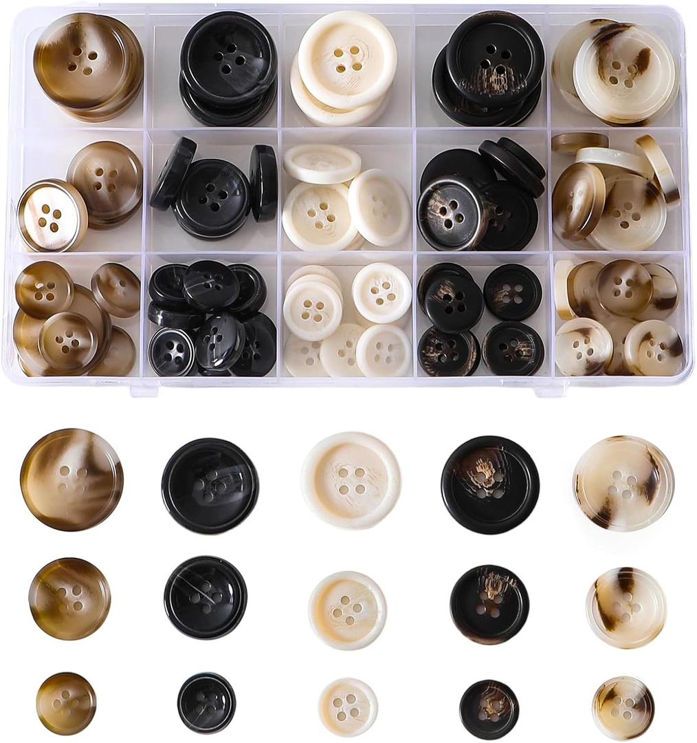 Resin Sewing Buttons, 110 Pieces, 4-Hole Round Buttons for Blazer Suit Coats,5 Color 3 Size 15mm/20mm/25mm