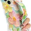 for iPhone 14 Plus Case with Finger Hand Wrist Strap, Cute Colorful Oil Painting Flower Floral Phone Case for Girls Women Stylish Aesthetic Curly Wave Frame Protective Cover, Pink Green
