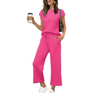 SAMPEEL Two Piece Sets for Women Summer Vacation Outfits Cap Sleeve Tops Lounge Matching Sets Clothing Beach Fashion Clothes (X-Large, Hot Pink)