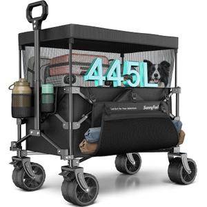 SUNNYFEEL 445L Extra Large Folding Wagon Cart with Canopy, 440 LBS Heavy Duty Collapsible Utility Cart with All-Terrain Wheels, 3-in-1 Portable Wagon for Garden, Groceries, Camping, Beach, Shopping