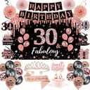 30th Birthday Decorations for Girls,51Pcs PRE-STRUNG Rose Gold Black Party Set-30 Years Old Crown and Sash,Banner Backdrop Balloons Candle Hanging Swirls Paper Fans,PRE-ASSEMBLED