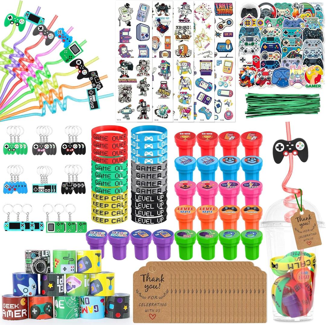 252PCS Video Game Party Favors Set, Gamer Birthday Party Decorations Includes Gamer Drinking Straws Cups Keychains Slap Bracelets Stamps Stickers for Kids Gaming Party Gifts