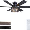Hounberi 48" Industrial Ceiling Fan with Lights and Remote, Rustic Flush Mount Ceiling Fans with Crystal & Metal Caged Shade, 6-Speed Reversible, 6 Dual-Finish Blades, E26*2 Blub Base for Living Room