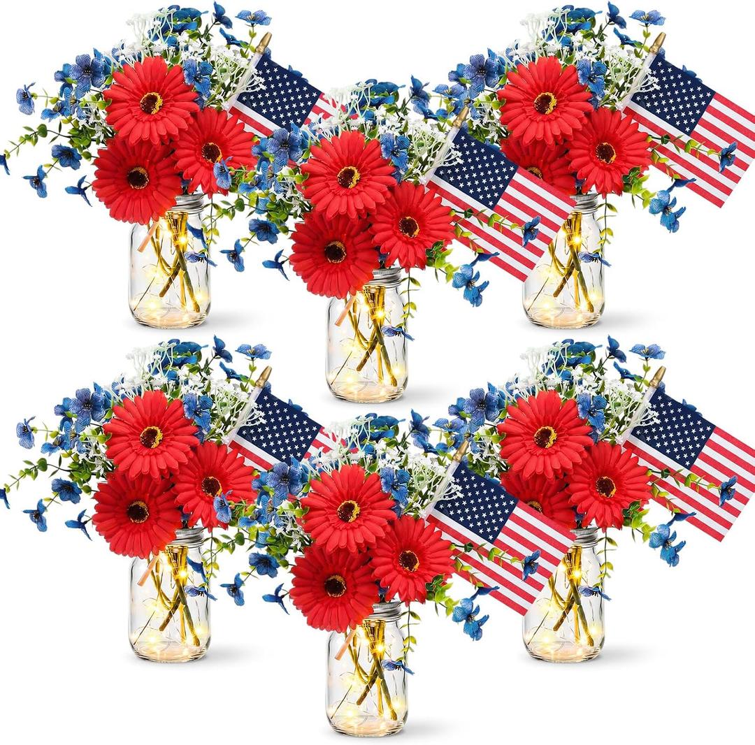 Domensi 6 Set Patriotic Centerpiece 4th of July Table Centerpiece Decoration Red and Blue Artificial Daisy Flower, Glass Mason Jars with String Light and Mini American Flags Decor for 250 Anniversary