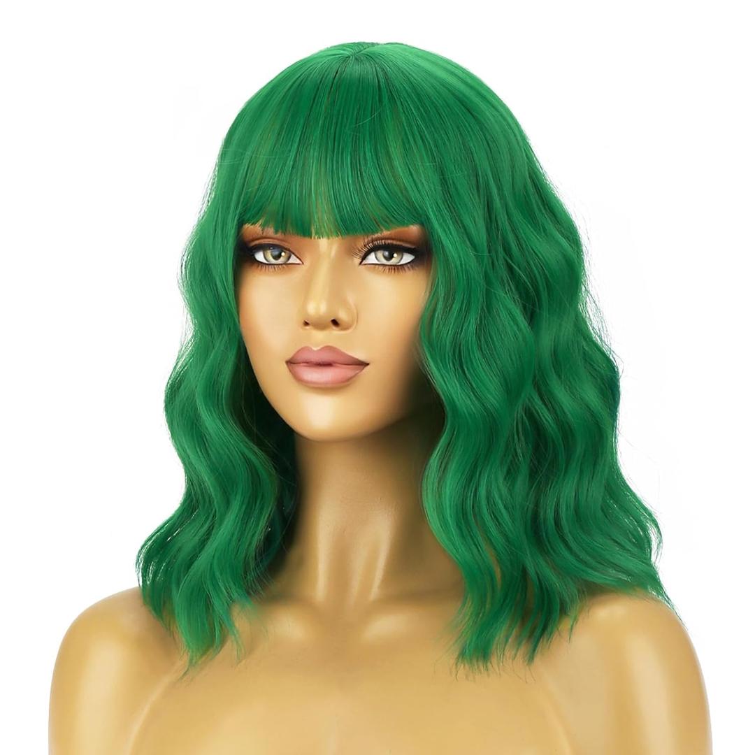 BERON 14 Inches Emerald Green Wig for Women Short Curly Green Wigs with Bangs for Daily Party Hairnet Include