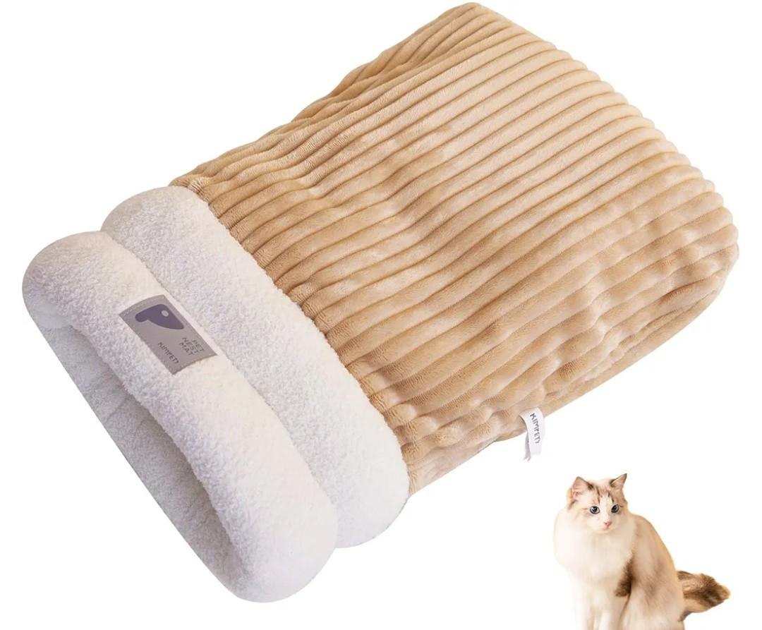 Cat Sleeping Bag, Soft Plush Self-Warming Cat Winter Sleeping Bag Bed, 360° Warm Semienclosed Pet Cave Hideaway Snuggle Sack for Indoor Kittens Puppies (Brown, L)
