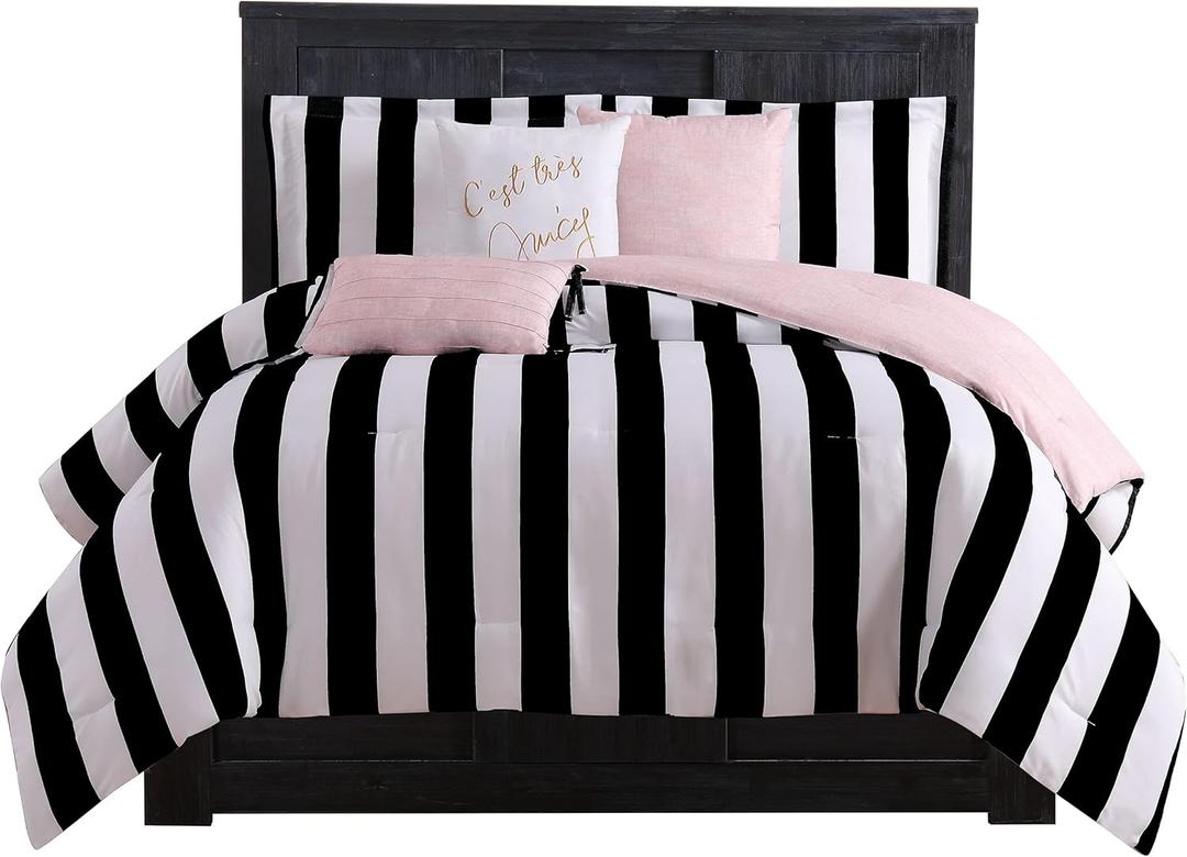 Juicy Couture Cabana Stripe Reversible Bedding Set - Queen Size - Black and White Stripe Print  6 Piece Set  Includes 1 90" x 90" Comforter, 3 Decorative Pillows, 2 Shams