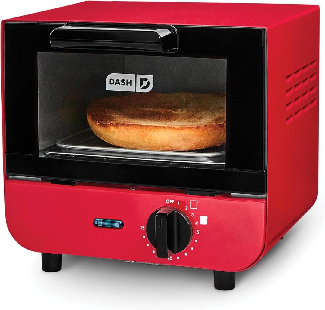 Dash Mini Toaster Oven - Sleek & Stylish - For Creative Homemade Treats - Compact, Space-Saving Design - adjustable temperature dial - Removable Baking Tray - Red