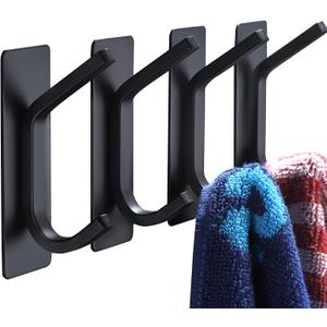 YIGII Towel Hook/Adhesive Hooks - Black Wall Hooks Stick for Bathroom and Kitchen Heavy Duty Hooks 4-Pack, Stainless Steel