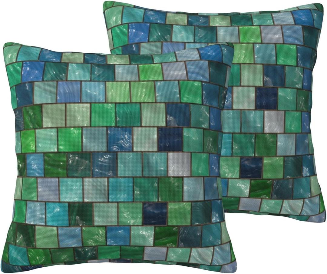 VIREOTHIA Mosaic Pillow Covers 18x18 Set of 2 Green Blue Decorative Throw Pillow Cover Geometric Cubes Square Pillowcases Cushion Covers for Couch Bed Sofa Decor