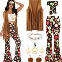 GERVAISE Womens 60s 70s Outfit Disco Hippie Costume Fringe Vest Boho Pants Accessories Set (X-Large, Black)