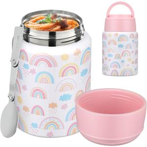 Soup Thermo for Hot Food Kids 16oz Insulated Food Jar Leakproof Thermo Lunch Container for Kids Wide-Mouth Stainless Steel Lunch Box for School with Handle Folding Spoon(3+) (16oz-White Rainbow)