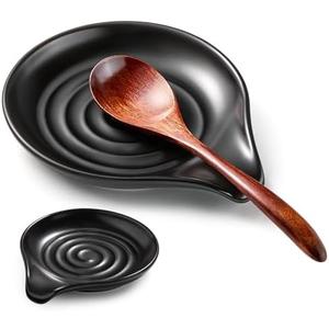 Gencywe Spoon Rest for Stove Top, 6.1" Large Ceramic Spoon Holder for Kitchen Counter Decor, Heat-Resistant Cooking Utensil Rest, Coffee Spoon Holder, Black Kitchen Spoon Rest for Spoon Ladle Spatula