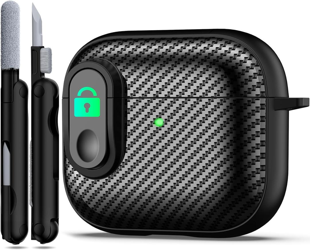 RFUNGUANGO for AirPods 3 Case Cover, Anti-Fall Lock Design, Powerful Drop Protection, Carbon Fiber Black for Apple AirPods 3rd Generation Charging Case(2021)- Black