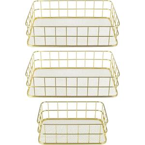 3 Pcs Gold Wire Baskets Set - Gold Baskets for Decor with 2 Large & 1 Small Metal Mesh Organizers for Home Office Desk Bathroom Storage (9.6x6.5x2.5 inch & 6.7x4.7x2.4 inch)