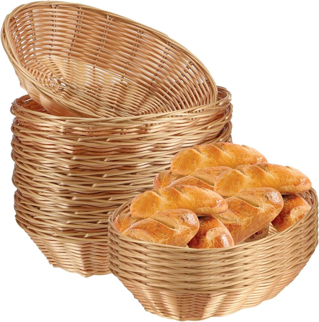 SINJEUN 15 Pack Wicker Bread Basket, Handwoven Oval Plastic Basket, Woven Tabletop Fruit Vegetables Food Serving Basket for Home, Kitchen, Restaurant, Light Brown (15 Pack 9 x 6 x 2.5 Inch)