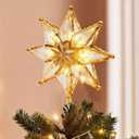 Christmas Star Tree Topper with 8 Warm Lights, 7.8" Vintage Golden Glittered Star Tree Top Decoration, Christmas Light Ornament for Holiday Home Indoor Office Party Decor