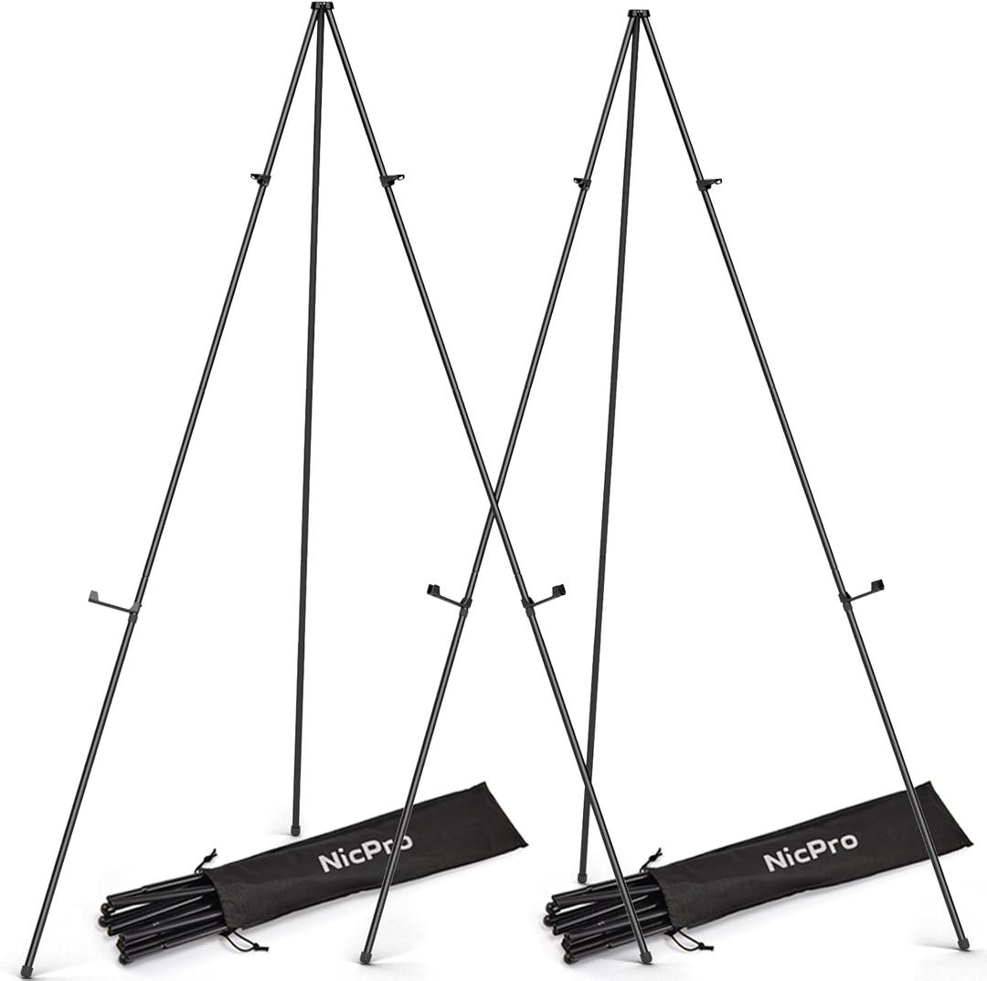 Nicpro Art Folding Easels for Display, 2 Pack 63 Inches Metal Floor Easel Stand Bulk Tripod Black Collapsible for Sign Artist Poster Wedding | with Carry Bag