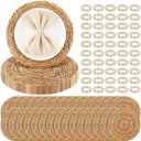 30 Pcs Cattail Round Woven Placemats Set, Cattail Placemats with Pearl Napkin Rings Boho Farmhouse Rustic Woven Chargers Natural Mat Bulk for Wedding Party, Dinner Table (13 Inch)