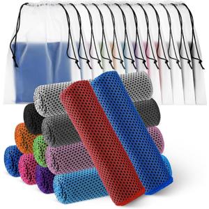 Hosuly 12 Pcs Cooling Towels for Face and Neck 12 x 40 Inch Workout Towels for Gym Fast Drying Hot Weather Sweat Rag Cold Cooling Cloth with 12 Bags Athletes Sport Yoga Golf(Mixing Colors)