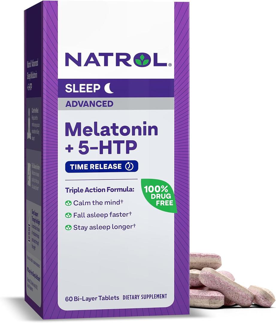 Natrol Advanced Sleep Melatonin + 5HTP, 6mg, Calming Sleep Aid for Restful Sleep, 60 Time-Release Tablets, 60-Day Supply (60 Count (Pack of 1))