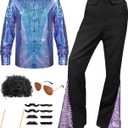 Mens 70s Disco Outfit Costume Bell Bottom Pants Shirts Wigs Necklace Mustache Sunglasses (Large, Purple)