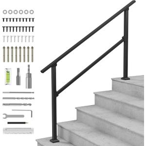 LuckIn 5-Step Handrail for Outdoor Steps, Porch Railing Outdoor, Wrought Iron Handrail for 4 to 5 Steps, for Concrete Steps and Wooden Stairs, Easy Installation & Adjustable Height, Black