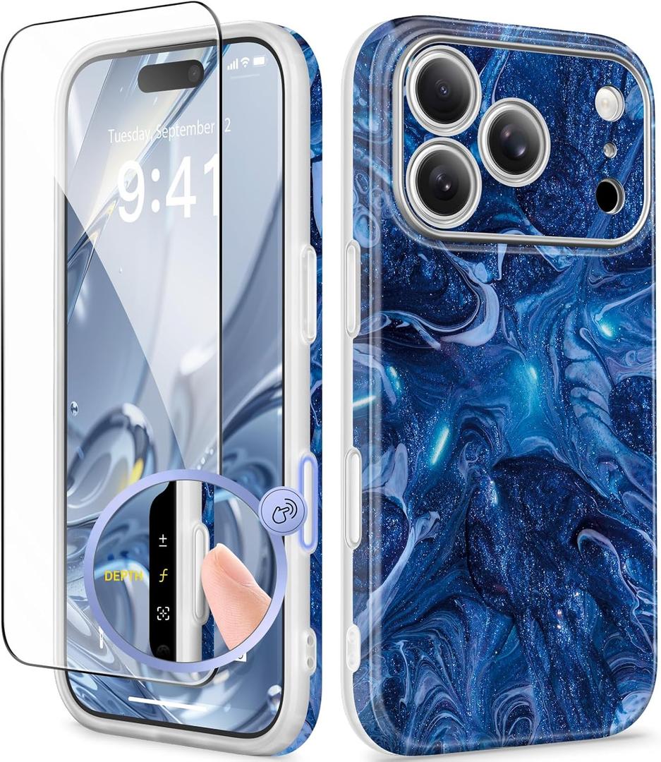 GVIEWIN for iPhone 17 Pro Case Compatible with MagSafe, with Screen Protector [Full Camera Protection] Military-Grade Shockproof Slim Magnetic Marble Phone Case for 17 Pro 6.3", Star Abyss/Blue
