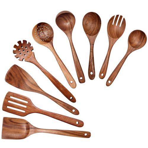 Wooden Spoons for Cooking Only 7 Pieces Set, TeakWooden Kitchen Utensil Set, Wooden Cooking Utensils Spoons, Spatulas, Heat-Resistant, Lightweight & Durable, Perfect for Non-Stick Cookware