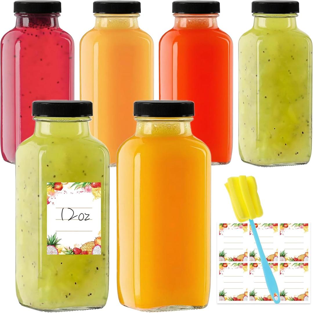 12 oz Glass Juice Bottles with Lids 6-Pack - Reusable Kombucha Bottles & Green Drink Jars with Leakproof Caps