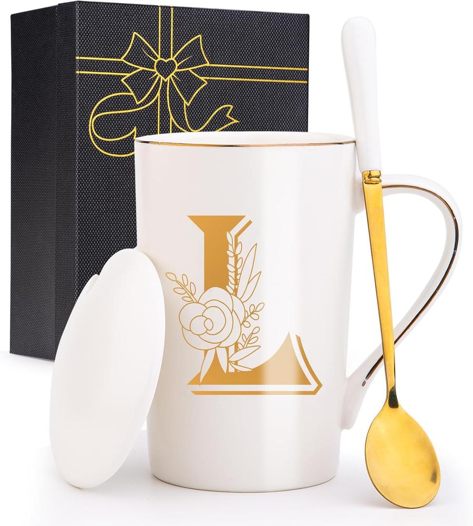 Letter L Personalized Initial Mugs with Flower, Letter L Personalized Coffee Mug, Customized Cool Letters Mugs for Women, Bridal Shower Gifts, Women's Initials Gifts Mug 14 OZ Matte White
