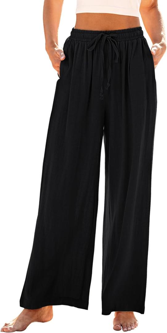 GRAPENT Wide Leg Pants Woman Linen High Waisted Pull On Flowy Casual Baggy Drawstring Palazzo Trousers Pants Resort Wear (Black, XS)
