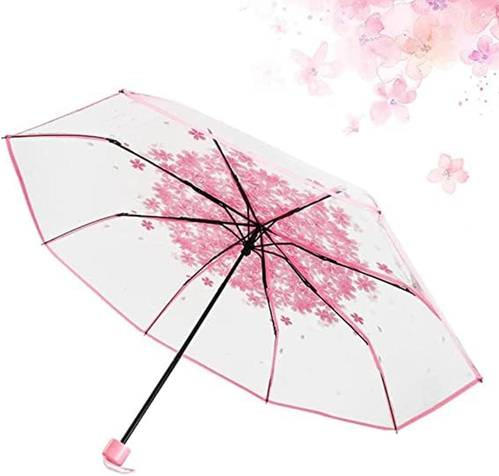 Three Fold Umbrella Women Transparent Clear Cherry Blossom Mushroom Sakura Folding Sunshade Rain Umbrellas