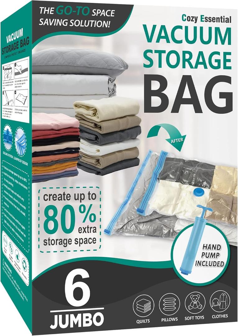 Cozy Essential Vacuum Storage Bags, 80% Compression Vacuum Seal Space Saver Plastic Packaging Bags for Clothes, Blankets, Pillow, Bedding, Comforters, Sealer Clothing Storage,6 Jumbo