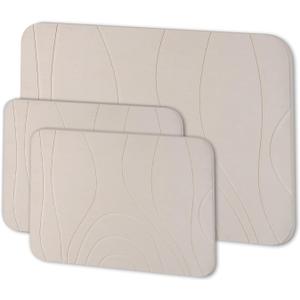 Stone Bath Mat, Diatomaceous Earth Shower Mat, Set of 3, Non-Slip Super Absorbent Quick Drying Bathroom Floor Mat, Greyish White