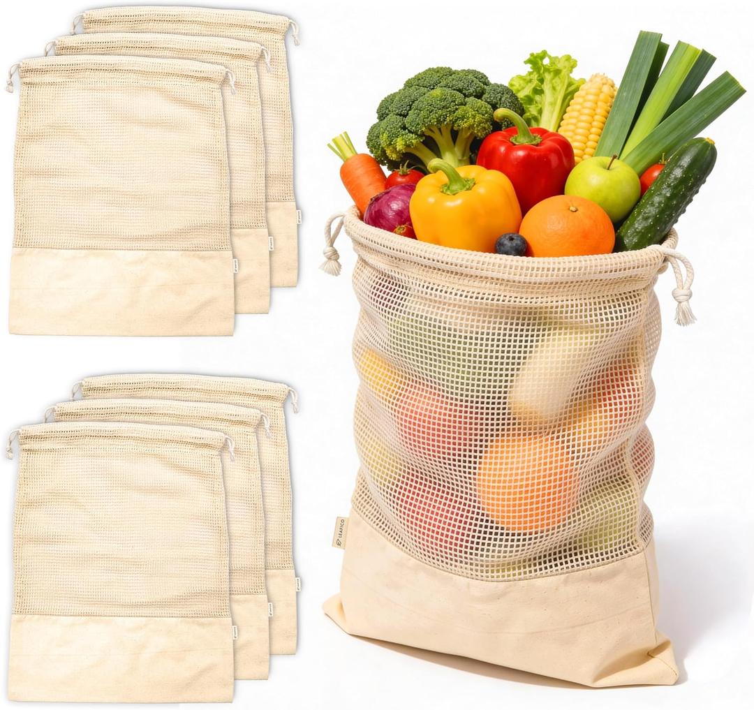 LEAFICO Reusable Produce Bags  100% Cotton Mesh & Solid Hybrid (XL 14x18 inch 6 Pcs)  Extra Large Bags for Potatoes, Laundry, Toys, Bulk Storage  Washable, Plastic-Free, Breathable, Zero Waste