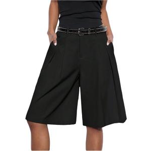 GORGLITTER Women's Pleated Baggy Dress Shorts Wide Leg Oversized Busniness Casual Office Work Shorts with Pockets (Large, Black)