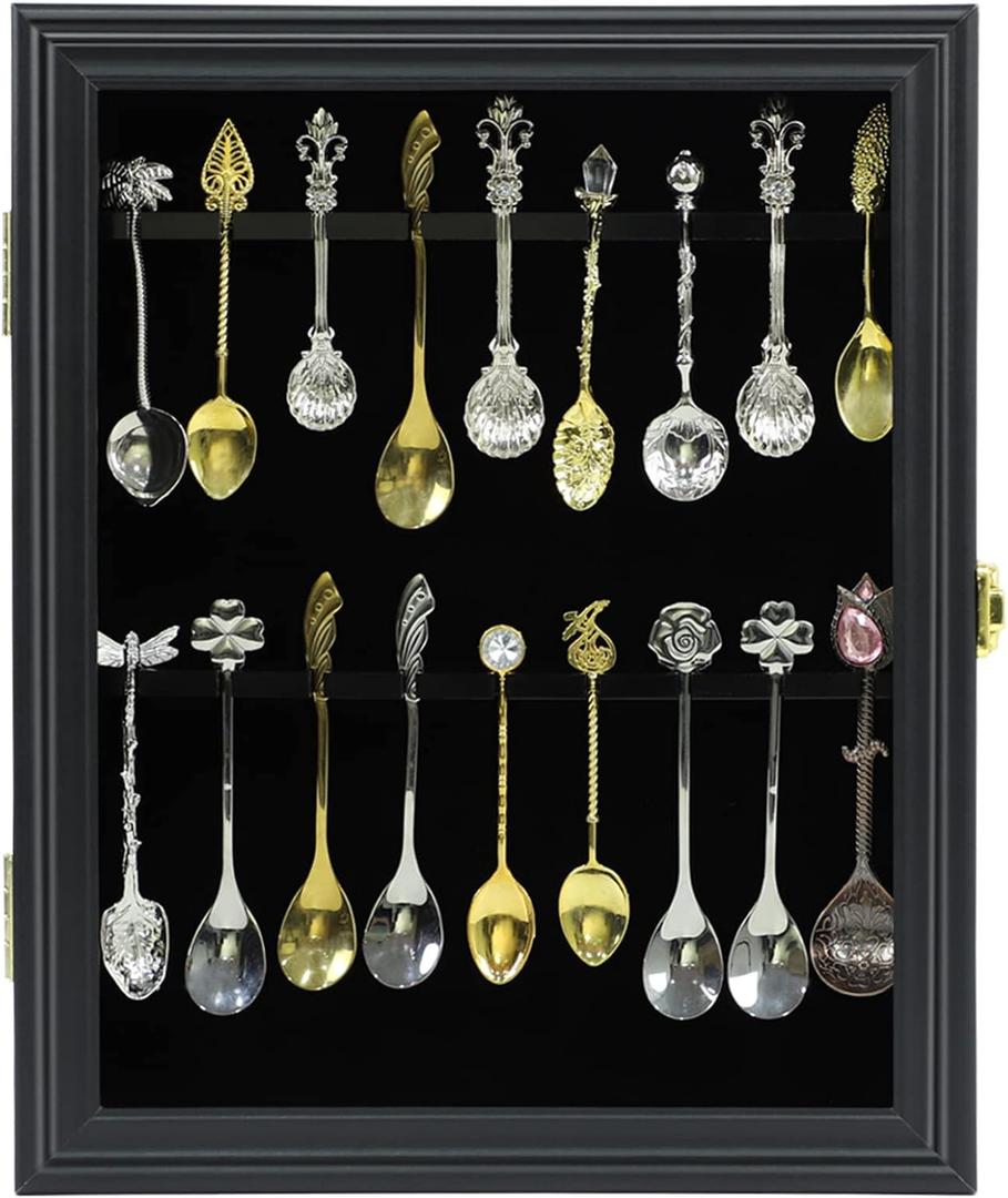 18 Souvenir Tea Spoon Display Case Wall Mount Lockable UV Protection Acrylic Door Wood Display Rack Stand for Spoon Collection (Spoons not Included)