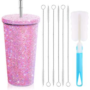 Mimorou Studded Bling Diamond Tumbler Glitter Water Bottle with Lid Stainless Steel Vacuum Thermal Straw Rhinestone Tumbler with 1 Pcs Cup Brush 6 Pcs Straw Brushes for Women(16.9 oz,AB Pink)