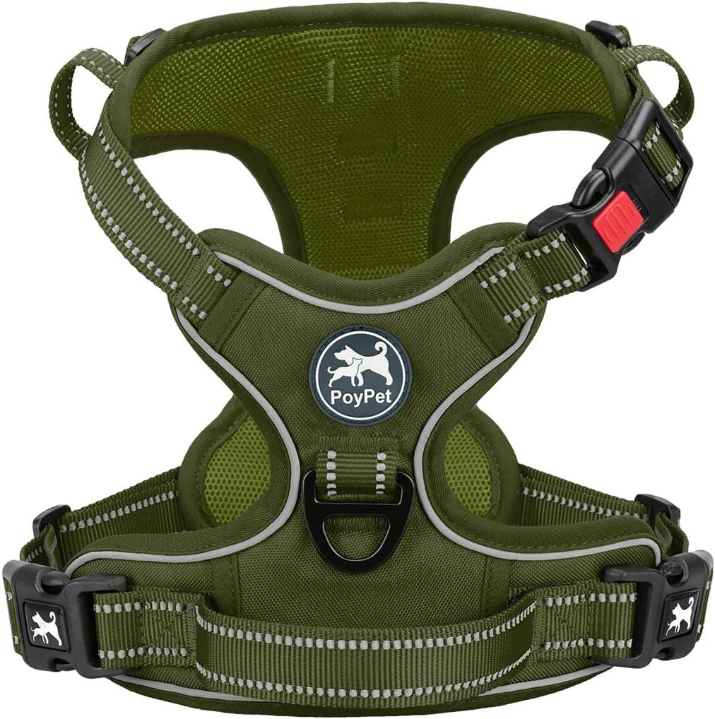 PoyPet No Pull Dog Harness, No Choke Reflective Dog Vest, Adjustable Pet Harnesses with Easy Control Padded Handle for  Dogs(Military Green,XS)