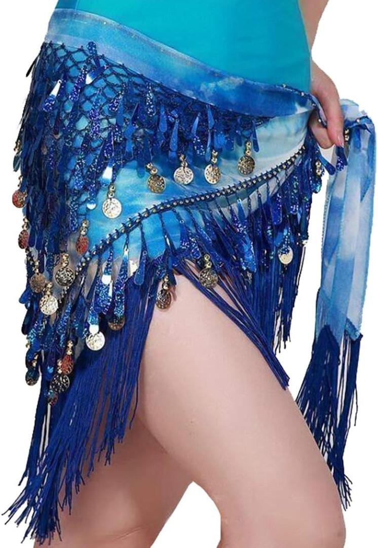 Lauthen.S Belly Dance Hip Scarf with Tassels Sequins, Triangle Coins Wrap Skirt Music Festival Clothing (Royal Blue)