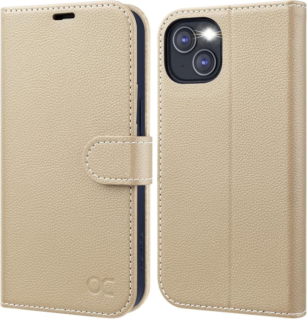 OCASE Compatible with iPhone 13 Wallet Case, PU Leather Flip Folio Case with Card Holders RFID Blocking Kickstand [Shockproof TPU Inner Shell] Phone Cover 6.1 Inch 2021 (Litchi Apricot)