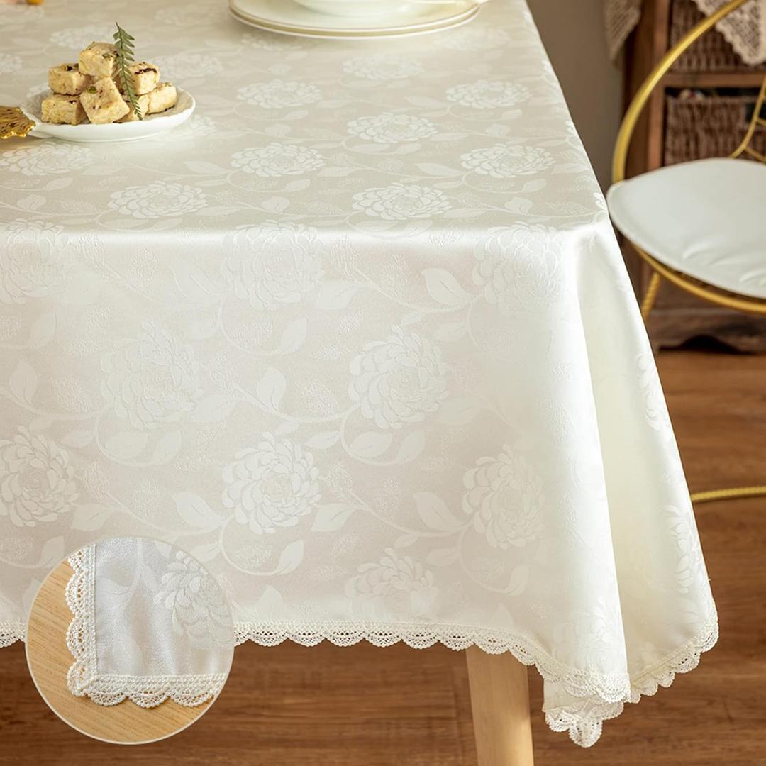 Rose Jacquard Textured Tablecloth Waterproof Spillproof Lace Trim Rectangle Table Cloth, Oblong Table Cover for Kitchen Dinning Tabletop Decor,60x120 Inch,Ivory White