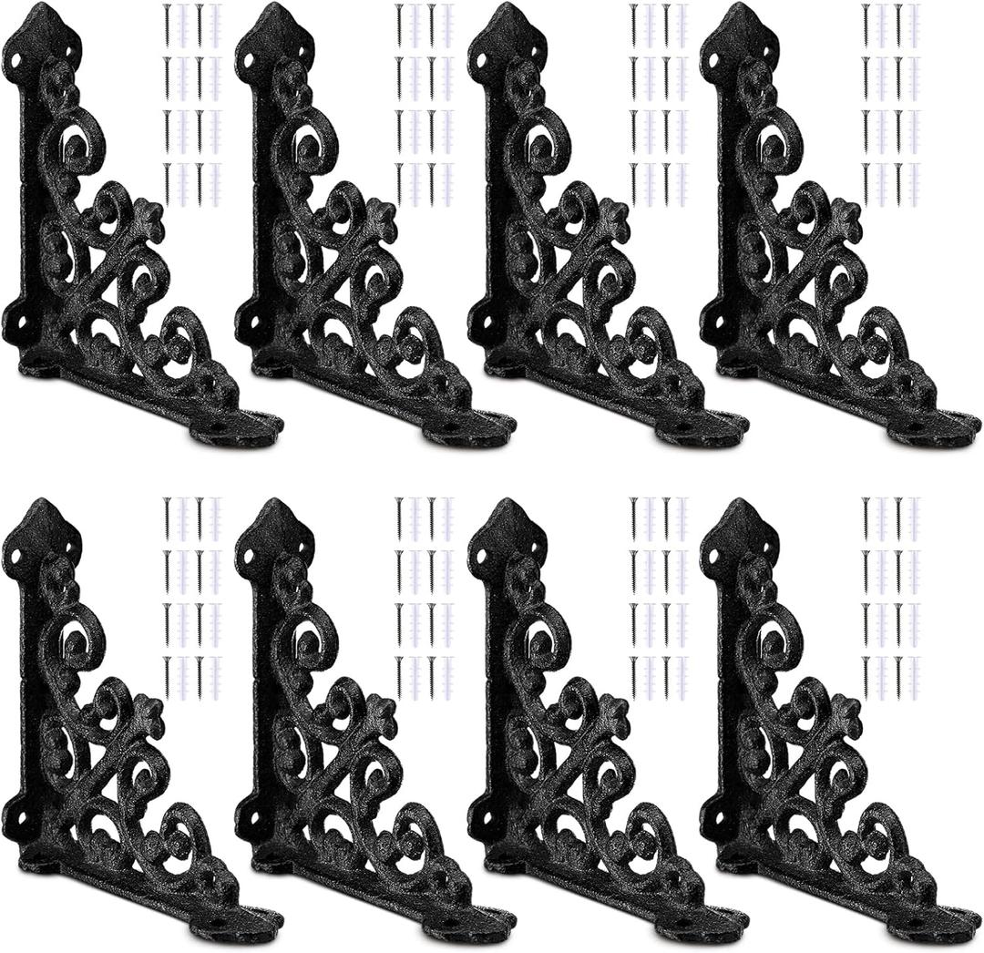 Blulu 8 Pack Cast Iron Brackets Antique Style Shelf Brackets with Screws 3 7/8" x 3 7/8" Decorative Wall Mount Mental Shelving Heavy Duty Victorian Style Shelf (Black)