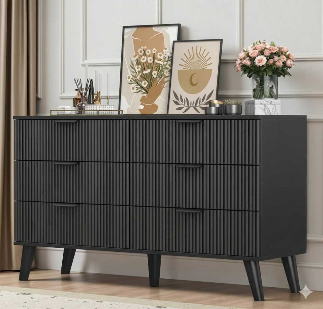 Modern Black 6 Drawer Dresser, Wide Large Storage Chest of Drawers for Bedroom Living Room Hallway