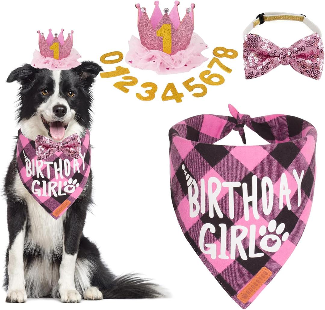 ADOGGYGO Dog Birthday Party Supplies, Multi Size Offered, Birthday Girl Dog Bandana, Pink Party Hat Crown with Numbers for Medium Large Dogs Pets (Large)