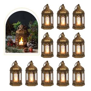 LLQ 7Pcs Mini Lantern with LED Tealight, Vintage Brown Lanterns Decorative, Hanging Candle Lanterns for Ramadan Christmas Wedding Table Centerpiece Indian Diwali Decor, Garden Fairy Party Decorations