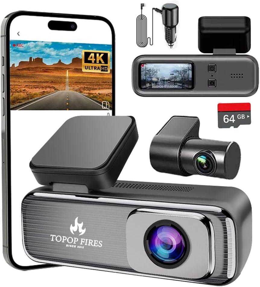 TOPOPFIRES Dash Cam Front and Rear,4K 60fps +1080P Dashcam,Dual Lens Dashcams for Cars with WiFi, Night Vision, 24H Parking Monitor, Loop Recording, G-Sensor, WiFi App Support,64GB Card Included